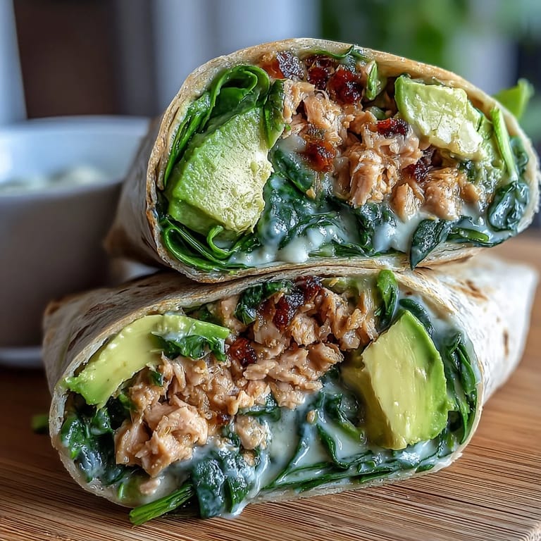 Wraps au thon et avocat crémeux, garnis d'épinards frais, offrant une option nutritive et savoureuse pour le déjeuner ou le dîner.