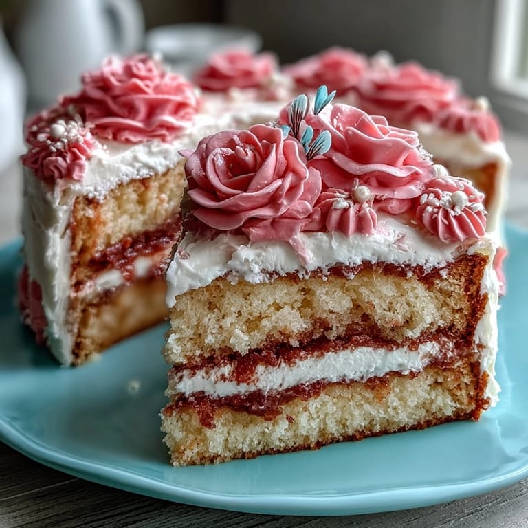 Gâteau tendre à la vanille avec nappage crémeux et motifs floraux pastel, idéal pour une fête printanière.
