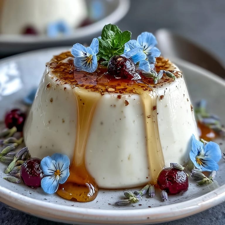 Dessert italien crémeux à la lavande et au miel, délicatement parfumé et servi dans un ramequin avec une garniture florale.