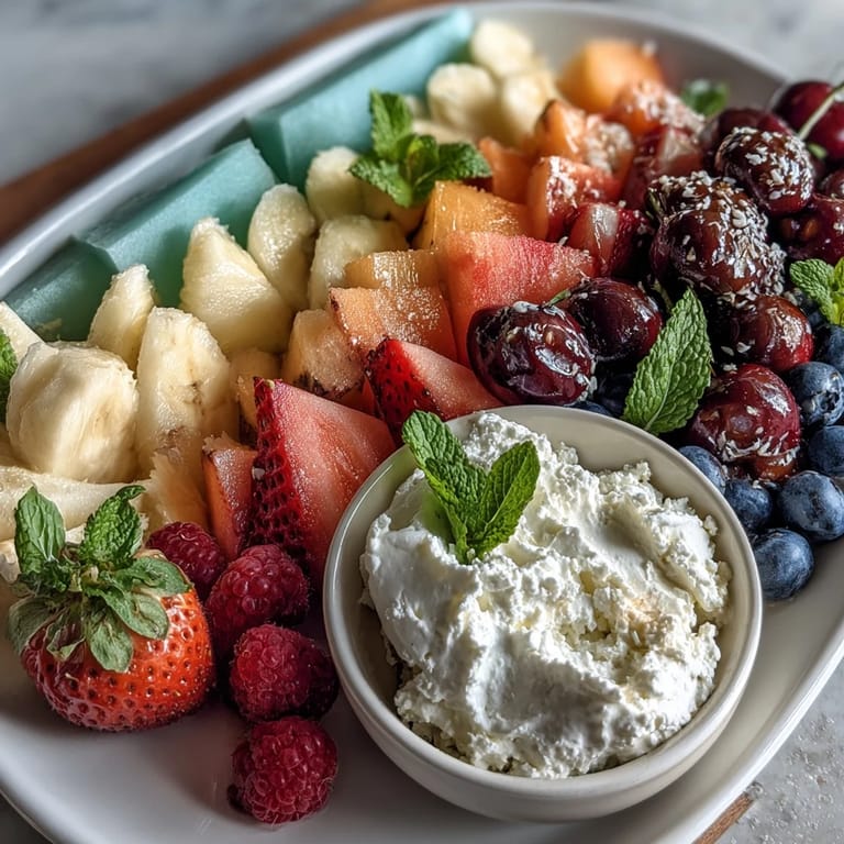 Crème fouettée à la noix de coco servie avec un assortiment de fruits frais et vibrants.  