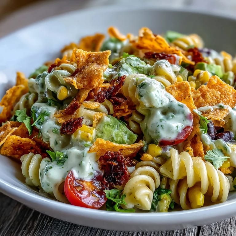 Salade de pâtes tacos avec Doritos et sauce ranch à l'avocat : mélange de pâtes tendres, de haricots noirs, de maïs sucré et de Doritos croquants nappé d'une sauce onctueuse.