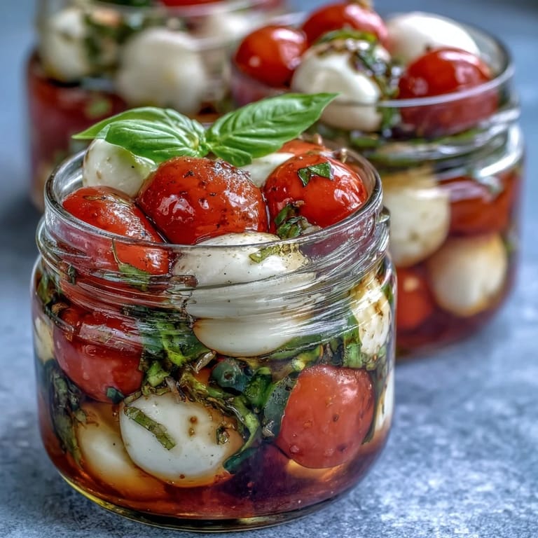 Salade Caprese portable et colorée dans des pots Mason, garnie de basilic frais et de vinaigrette balsamique maison.