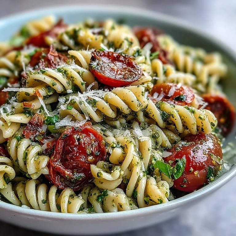 Bol de pâtes al dente mélangées au pesto maison au basilic, agrémentées de tomates cerises juteuses et parmesan.  