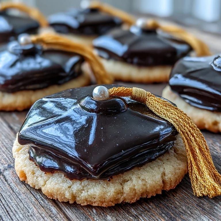 Cookies de toque de graduation au glaçage royal noir avec glands en bonbon jaune, parfaits pour les fêtes de remise des diplômes.