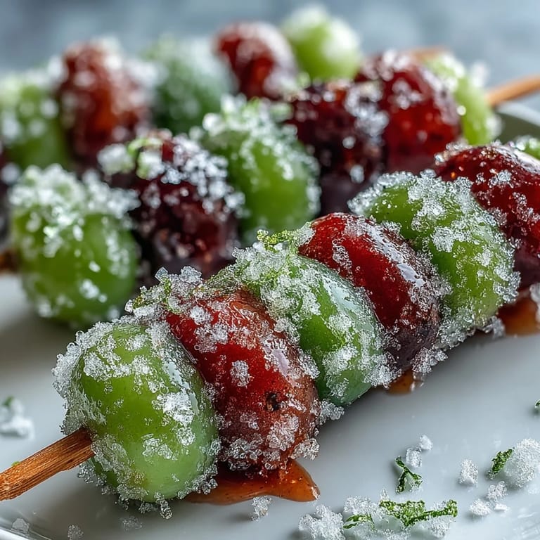Brochettes de raisins congelés, enrobées de sucre de citron vert pétillant, un en-cas frais et fruité.