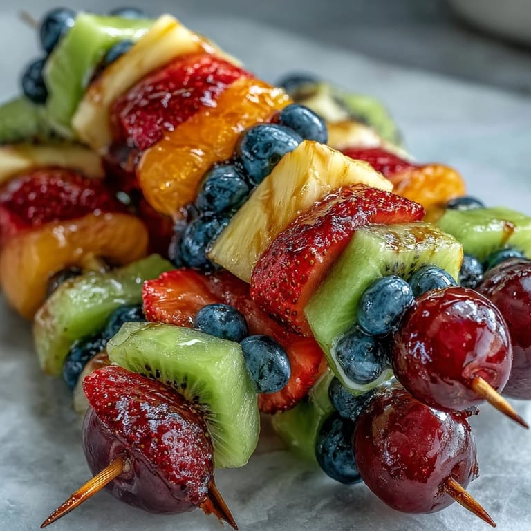 Assiette de brochettes de fruits arc-en-ciel avec trempette crémeuse au miel, parfaite pour les fêtes.  