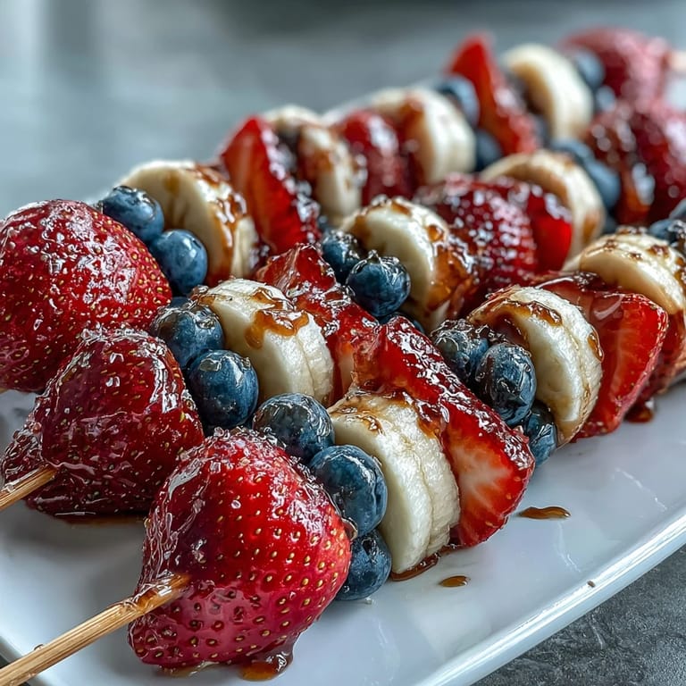 Brochettes colorées et festives pour le 4 juillet, avec fraises, bananes et myrtilles disposées en motif patriotique.