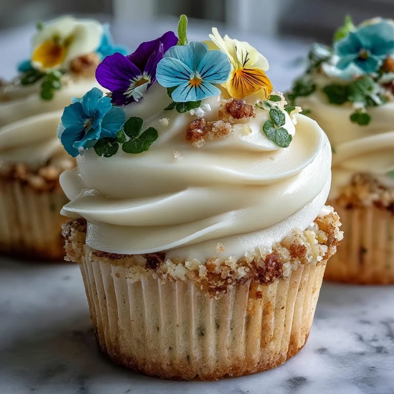 Magnifiques cupcakes printaniers garnis d'une crème onctueuse et décorés de fleurs comestibles fraîches, idéals pour égayer vos desserts.