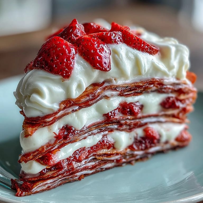 Gâteau de crêpes aux fraises : dessert élégant garni de fraises fraîches et saupoudré de sucre glace.