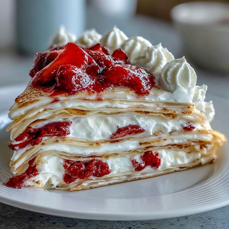 Gâteau de crêpes aux fraises : empilement de crêpes fines avec crème mascarpone et fraises tranchées.