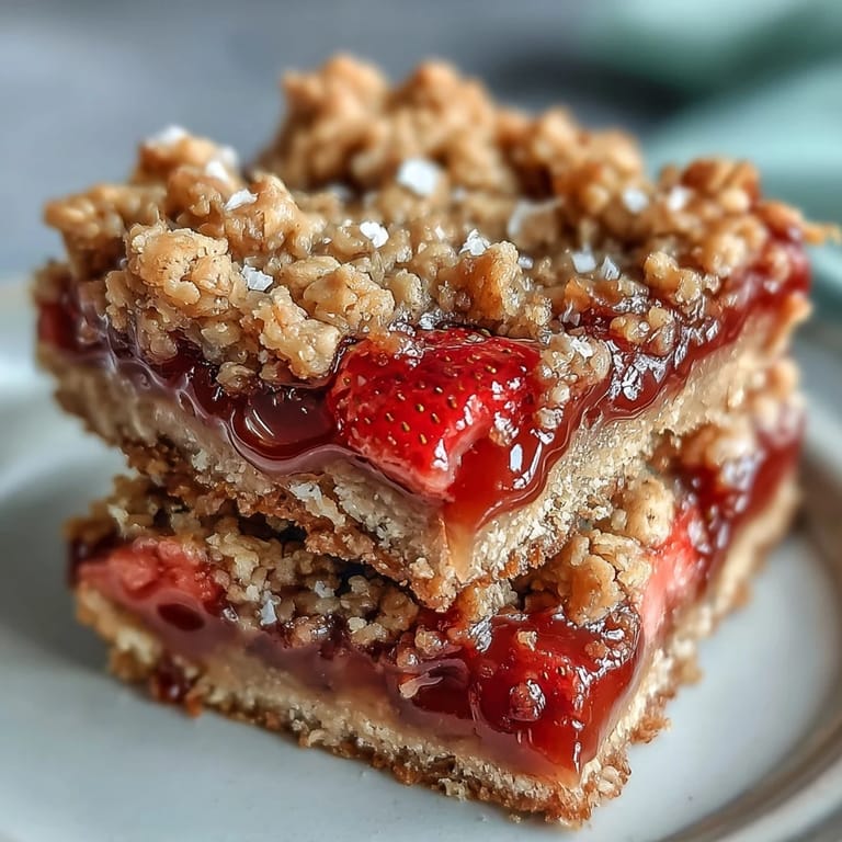 Gouden, sucrées-acidulées barres de crumble aux fraises et rhubarbe prêtes à déguster gourmandes.