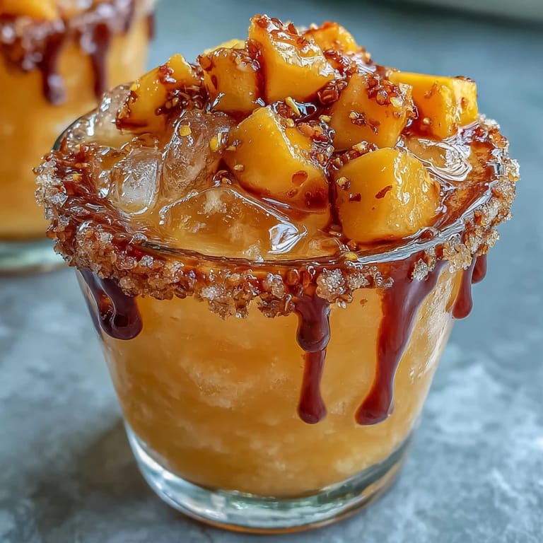 Délicieuse Cinco de Mayo Mangonada : mocktail fruité et givré servi dans des verres marginés de Tajín.