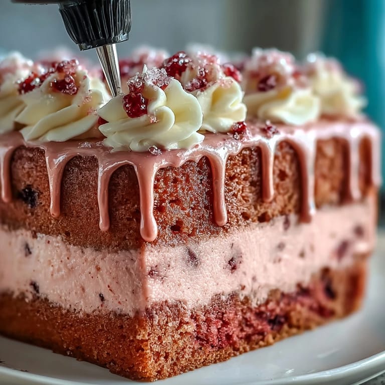 Gâteau de velours rosé délicat avec crème au fromage fouettée, surmonté d'une coulée d'or métallique et d'une texture soyeuse, parfait pour un mariage ou une fête de fiançailles.