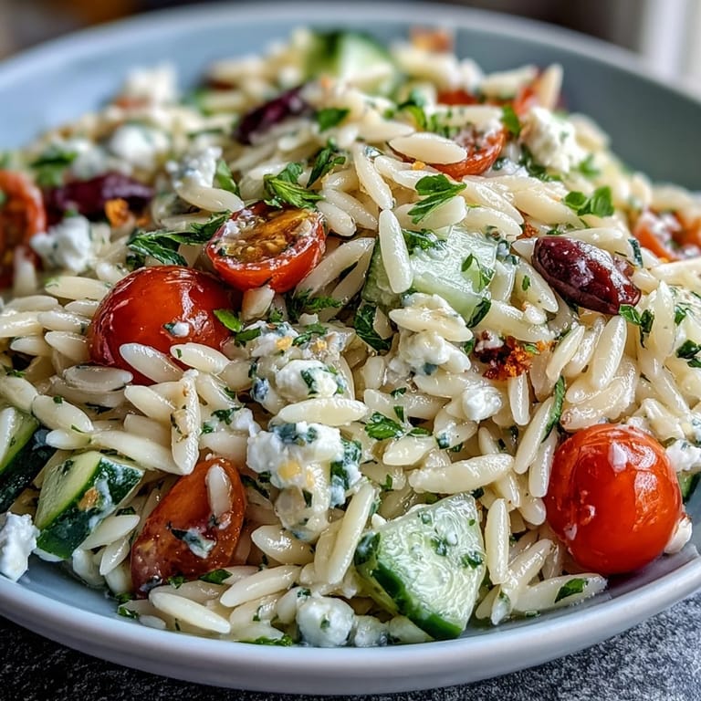 Délicieuse orzo salad, croquante et acidulée, parfaite pour un déjeuner léger.