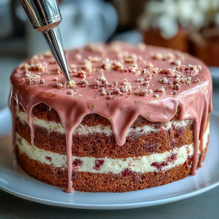 Gâteau rosé velours pour douche nuptiale avec drapé doré, gâteau rosé velours élégant avec drapé doré comestible, parfait pour les célébrations et les douches nuptiales.
