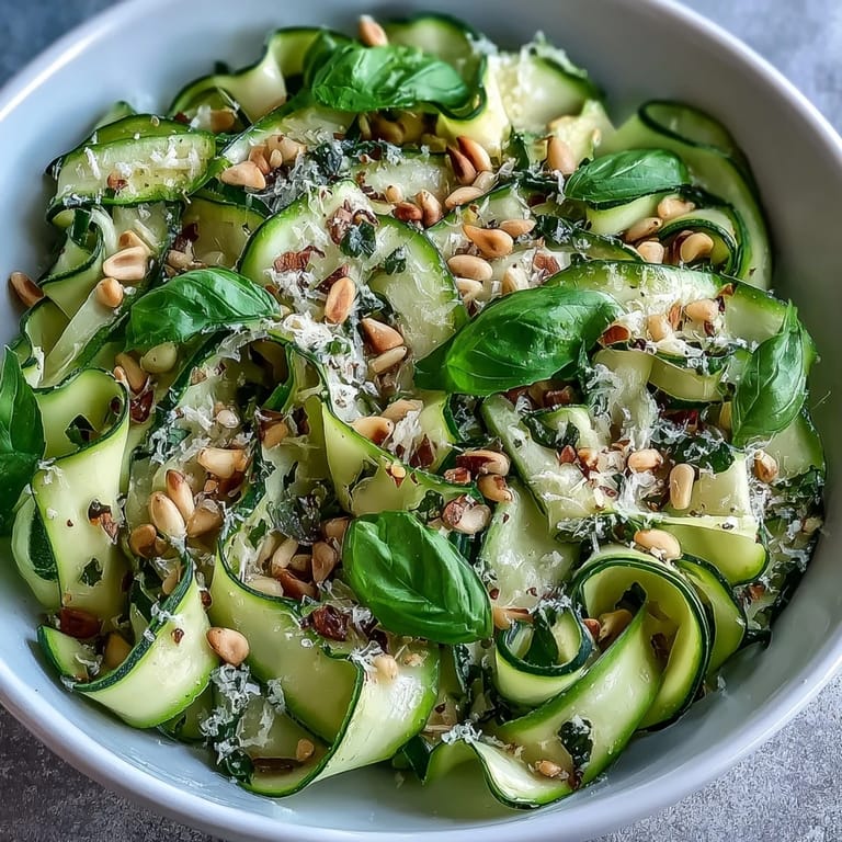Salade de rubans de courgettes fraîche, garnie de parmesan râpé et de basilic frais.