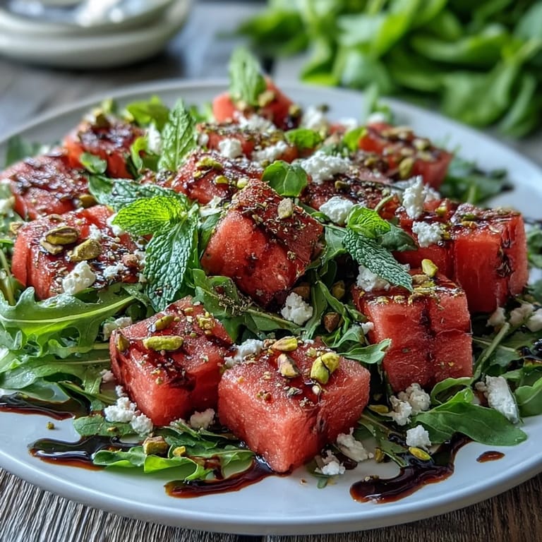 Salade d'Watermelon Feta Arugula brillante, parfaite pour l'été avec un glaçage balsamique sucré.