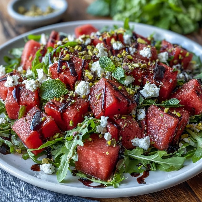 Un plat frais de Salade d'Watermelon Feta Arugula, idéal servi avec une touche de sel de mer.