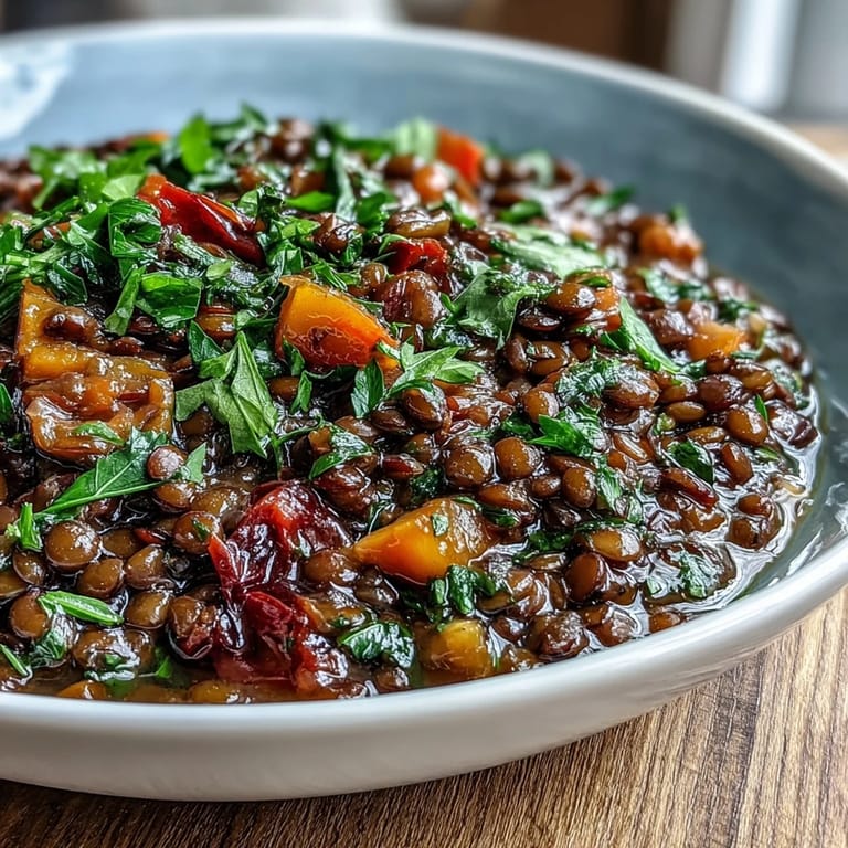 Savourez ce ragoût de lentilles françaises végétarien, parfait servi chaud avec du pain.