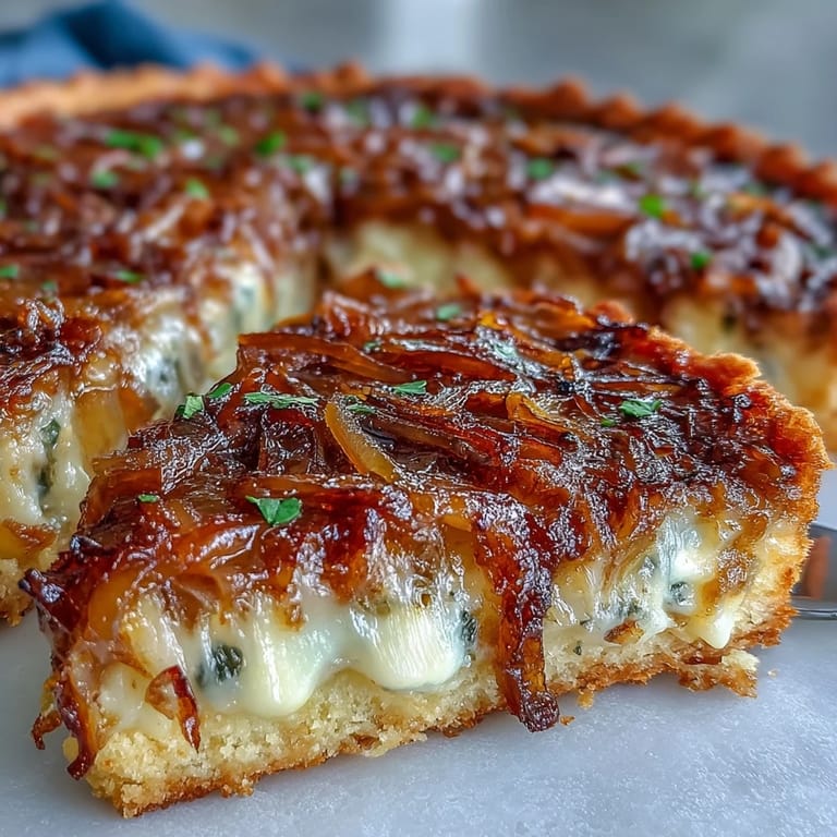 Gourmande tarte à l'oignon française facile, avec des oignons caramélisés dorés et croustillants.