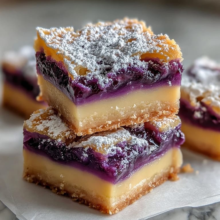 Délicieuses Ube Lemon Bars, une combinaison sucrée-acidulée parfaite sur une croûte dorée.