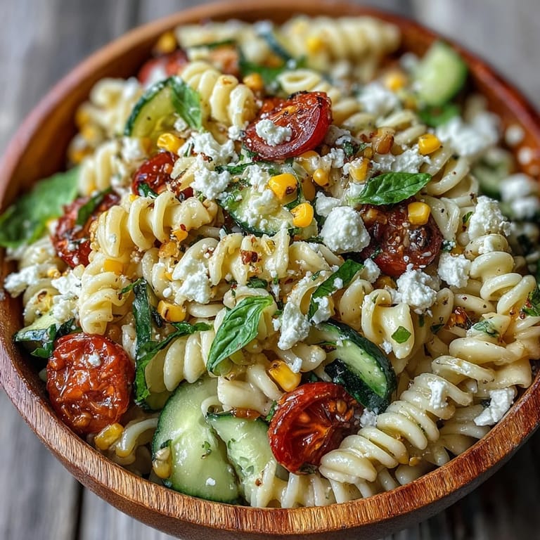 Délicieuse salade de pâtes d'été aux tomates, maïs crémeux, vinaigrette acidulée.