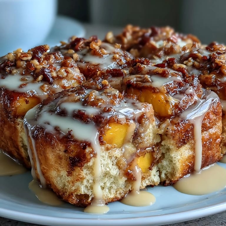 Savoureux Peach Cobbler Cinnamon Roll Bake fait maison, un dessert parfait servi chaud avec garniture crémeuse.