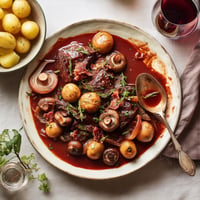 Plate of food with mushrooms, potatoes, and meat.