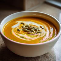 Une soupe chaude avec des graines de lin et des pignons.