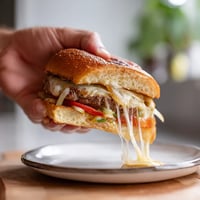 Une main tient un sandwich au fromage.