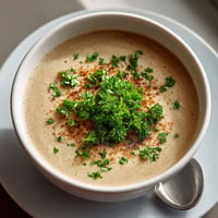 A cup of soup with a green garnish.