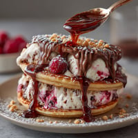 A stack of pancakes with chocolate sauce and raspberries.