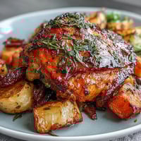 Un poulet rôti juteux à l'orange et aux herbes, accompagné de légumes-racines caramélisés, un plat réconfortant idéal pour les repas en famille.