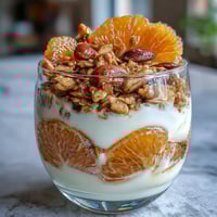 Parfait à la yaourt et oranges confites avec granola croustillant - couches crémeuses de yaourt grec, oranges sucrées et granola croquant, parfait pour le petit-déjeuner ou le dessert.