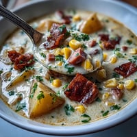 Potage crémeux au jambon et pommes de terre avec céleri et maïs dans un bol, parsemé de persil frais.  