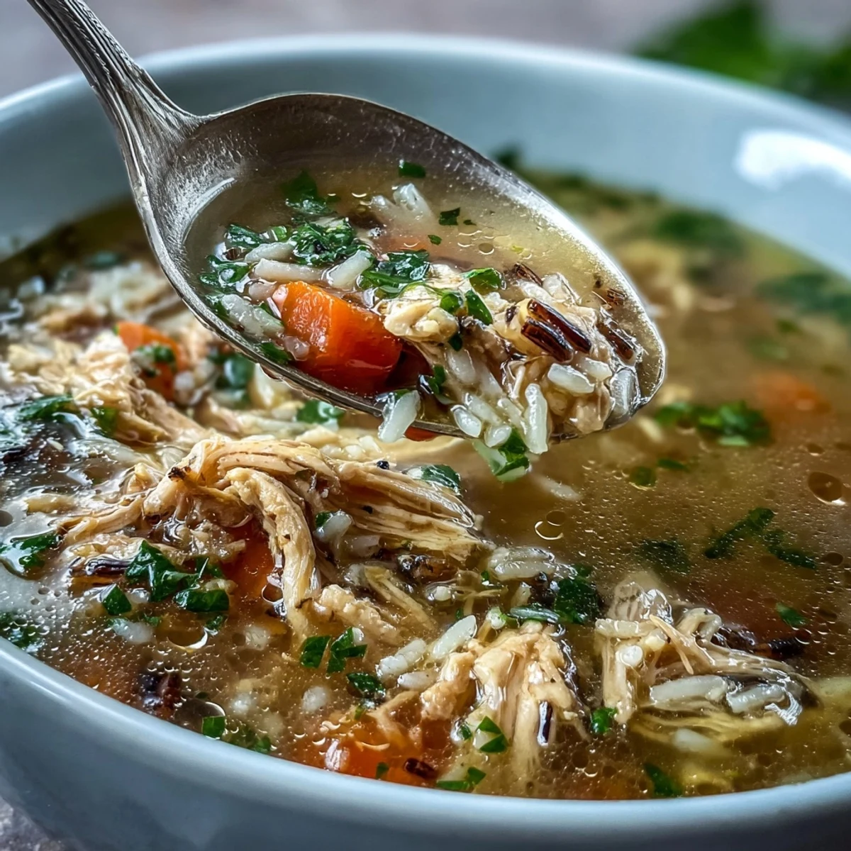 Soupe réconfortante au poulet et riz sauvage avec carottes, parfaite pour les jours froids.