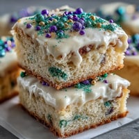 Gourmandises festives : barres de cookies sucrés au glaçage coloré et aux paillettes vives, parfaites pour Mardi Gras.