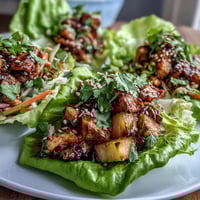 Enveloppes de laitue au poulet teriyaki et ananas : wraps croustillants garnis de poulet teriyaki juteux, d'ananas frais et de légumes croquants.