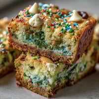Bars aux biscuits arc-en-ciel de la Saint-Patrick avec des pépites de chocolat blanc et des vermicelles colorés.