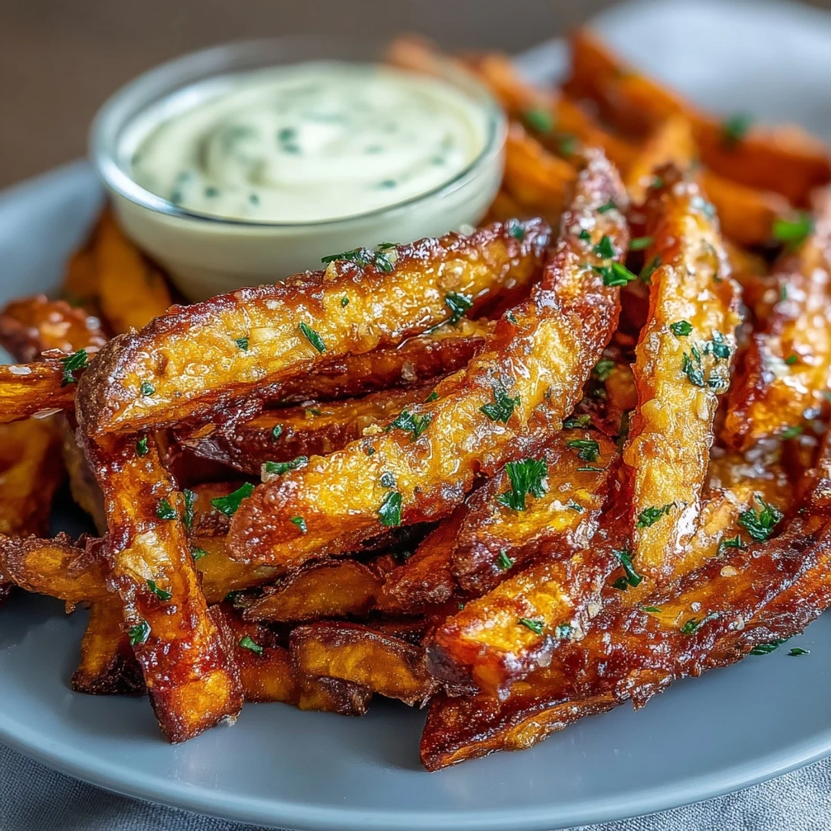 Frites de patate douce croustillantes dorées dans une friteuse à air, servies avec une sauce aïoli à l'ail crémeuse et zestée pour tremper.