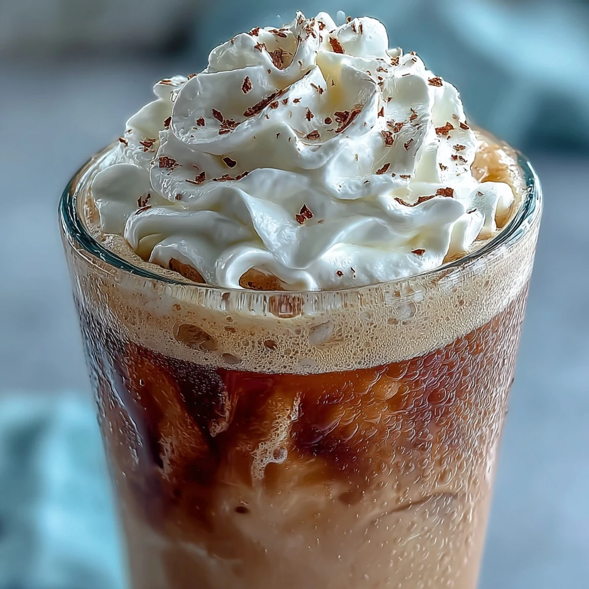 Boisson glacée à la vanille et crème fouettée de coco, idéale pour une pause rafraîchissante.  