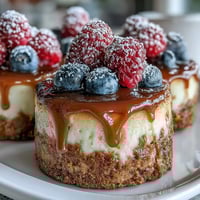 Petits cheesecakes crémeux sur croûte biscuitée, décorés de fruits frais pour un dessert festif.