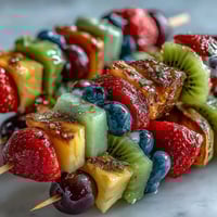 Brochettes arc-en-ciel de fruits avec trempette au miel, une collation colorée et saine pour l'été.  