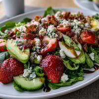 Salade Cobb printanière aux fraises et avocat, un mélange frais et coloré de légumes croquants, fraises juteuses et avocat crémeux.  