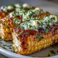 Épi de maïs au beurre d'ail cuit au micro-ondes, doré et brillant avec du persil frais