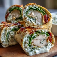 Roues de tortilla au dinde, fromage et épinards : délicieux rouleaux en bouchées avec dinde tendre, fromage crémeux et épinards frais.