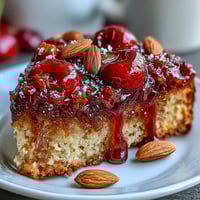 Gâteau renversé cerises amandes : doux, humide, avec des cerises sucrées et un dessus caramélisé.
