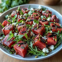 Salade d'Watermelon Feta Arugula with Balsamic Reduction, fraîche avec melon juteux et fromage crémeux.