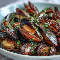 Moule à la marinière, riches et savoureuses, débordant de sauce à l'ail et au beurre.