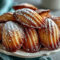 Douces madeleines maison dorées, légèrement saupoudrées de sucre glace, prêtes à déguster.